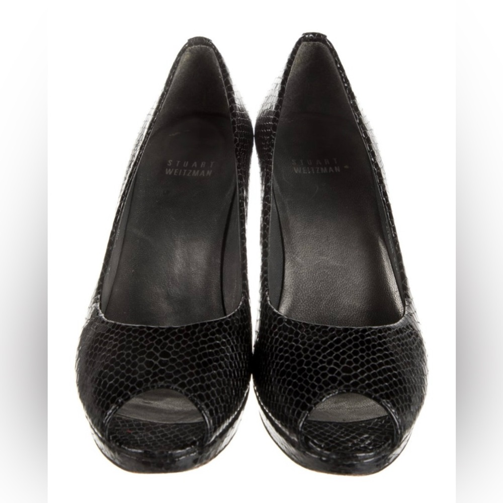 Stuart Weitzman Black Textured Peep Toe Heels